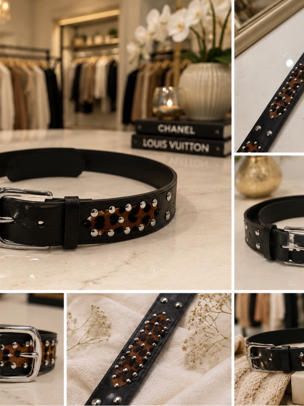 Black Leather Studded Belt with Leopard-Print Panel